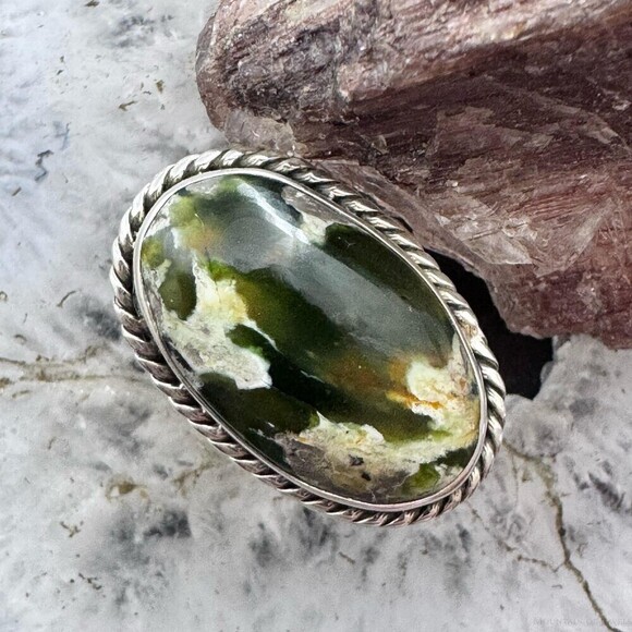 Sterling Southwestern Style Chrome Chalcedony Decorated Ring Size 6.75 For Women
